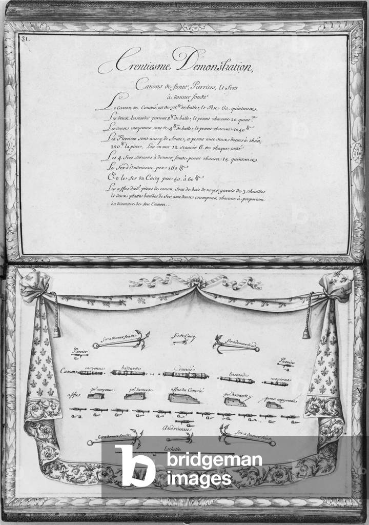 Cannons and anchors of a galley, thirtieth demonstration, plate 31, illustration from 'Demonstrations de toutes les pieces de bois, cloux et ferremens qui entrent dans la construction d'une galere...' (pencil & watercolour on paper)