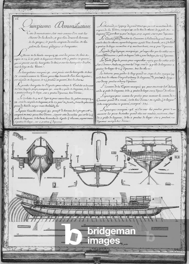 Construction of a galley with the prow and the stern, fifteenth demonstration, plate 16, illustration from 'Demonstrations de toutes les pieces de bois, cloux et ferremens qui entrent dans la construction d'une galere...' (pencil & watercolour on paper)