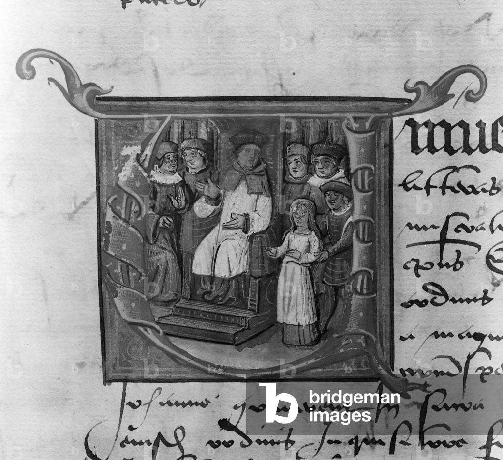 Ms Lat 5969 Historiated initial 'A' depicting the trial of Joan of Arc (1412-31) (vellum) (b/w photo)