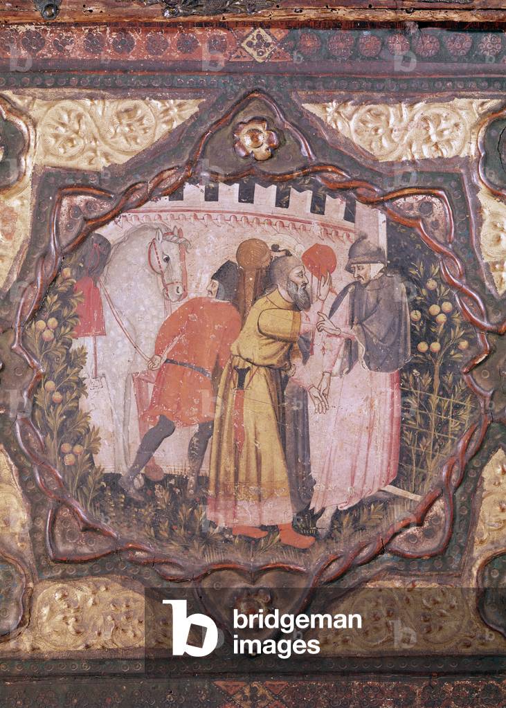 Detail of a cassone showing the story of Saladin and Torello of Istria, by Giovanni Boccaccio (tempera on panel) (see also 444281-82)