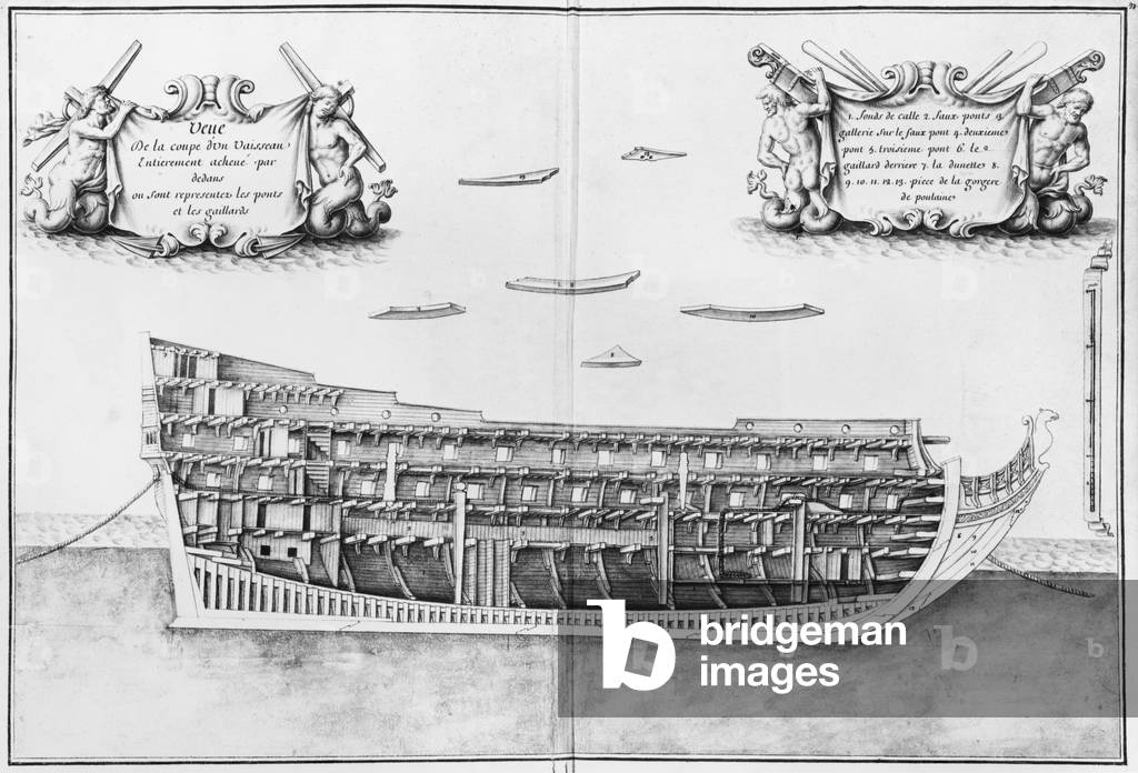 Cross-section of the fully completed inside of a vessel, illustration from the 'Atlas de Colbert', plate 37 (pencil & watercolour on paper)