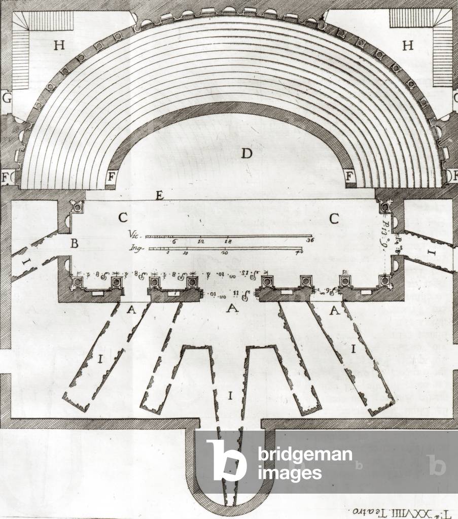 Plan of the Olympic Theatre, Vicenza, designed by Andrea Palladio (1508-80) built in 1580-85 (engraving) (b/w photo)