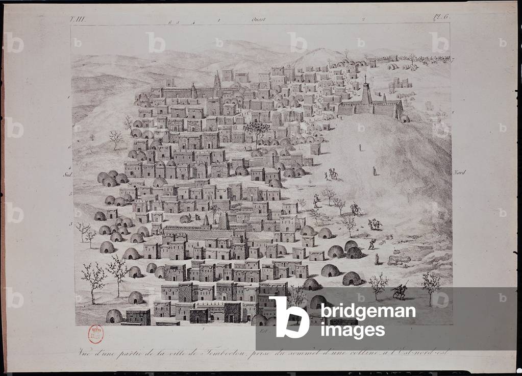 View of part of the town of Timbuktu from a hill, illustration from 'Journal d'un Voyage a Tombouctou et a Jen