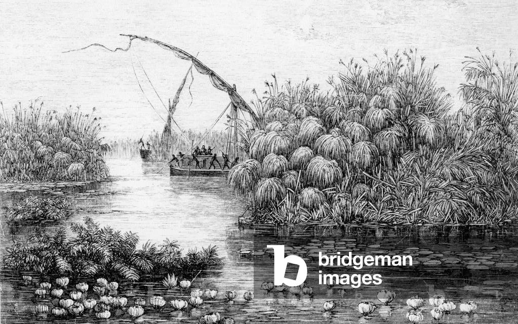 The Vessels in the Grass-Barrier, from 'The Heart of Africa, three years' travels and adventures in the unexplored regions of Central Africa, from 1868 to 1871', by Georg August Schweinfurth, 1874 (engraving)