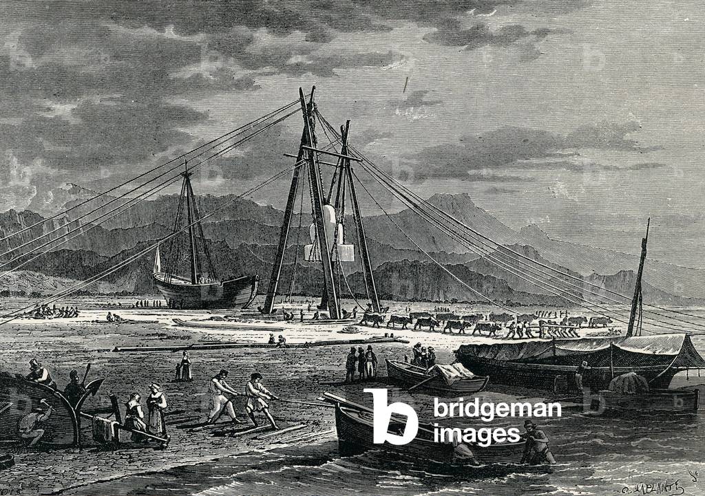 Embarkation of a Block of Marble: Avenza, 19th Century (etching)