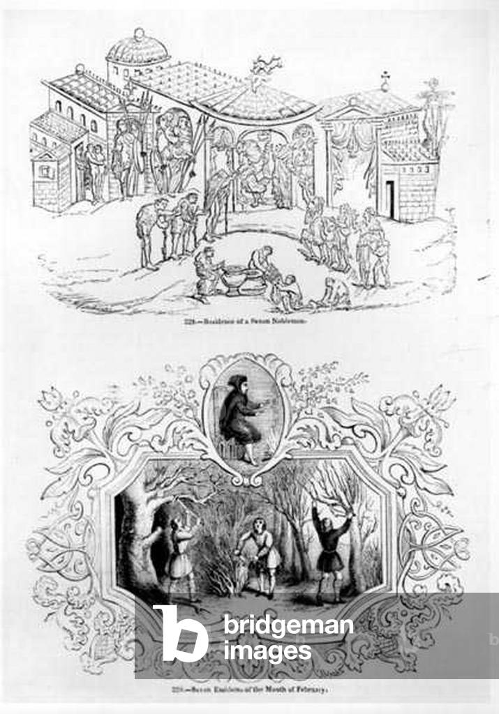Residence of a Saxon Nobleman and the Saxon Emblem for the Month of February (engraving)