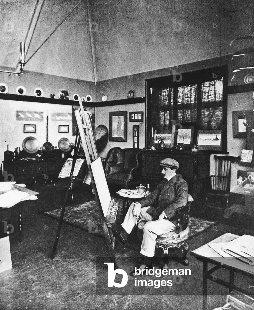 Cecil Aldin in his studio (b/w photo)