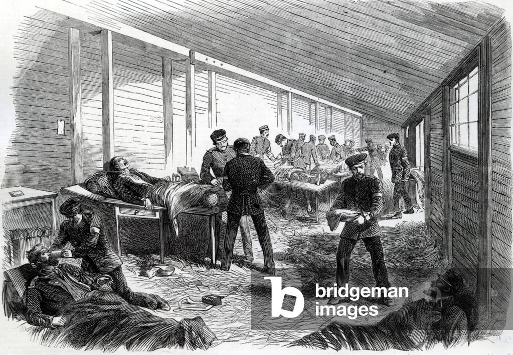 Temporary Field Hospital behind the Second Prussian Parallel at Dueppel, 1864 (engraving)