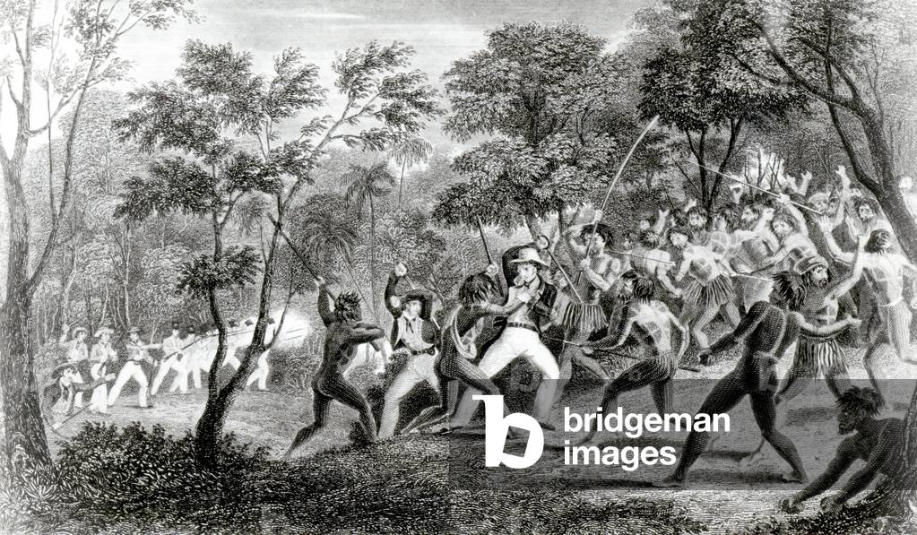 Attack of the Natives of Gambier Islands, engraved by Edward Finden, 1831 (engraving)