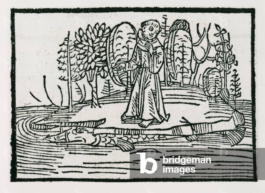 San Brendan sull'isola dei pesci, illustrazione da 'Il viaggio di st. Brendan', 1499 (xilografia)