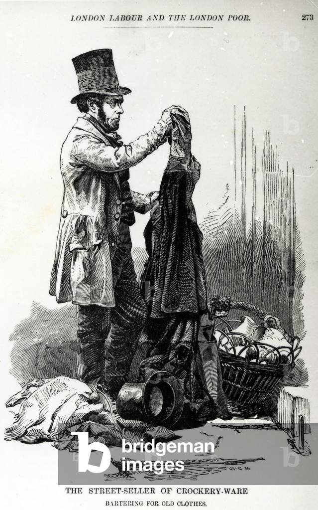 The street-seller of crockery-ware bartering for old clothes, c.1840 (engraving)