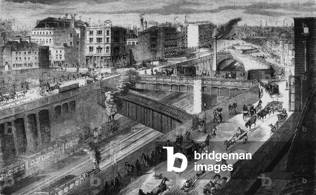 Farringdon Road and the Metropolitan Railway looking north, 1868 (engraving)