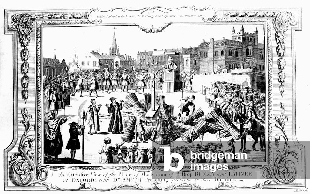 An Extensive View of the Place of Martyrdom of Bishop Ridley (c.1500-55) and Latimer (c.1485-1555) at Oxford with Dr. Smith Preaching Previous to their Burning (engraving)