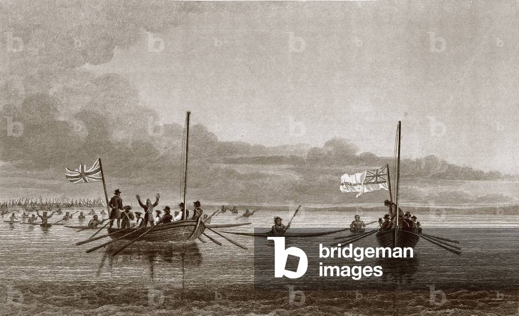 Eskimaux Coming Towards the Boats in Shoalwater Bay, July 7, 1826, from 'Narrative of a Second Expedition to the Shores of the Polar Sea in the Years 1825-27' by Sir John Franklin (1786-1847) engraved by Edward Finden (1791-1857) published 1828 (engraving)