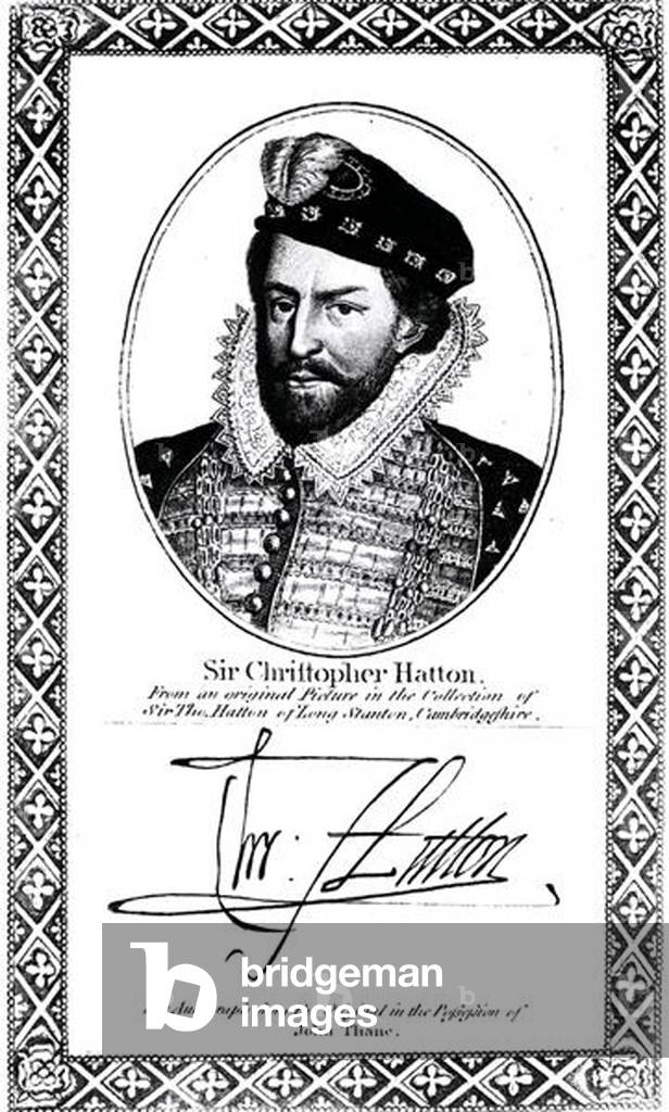 Portrait and signature of Sir Christopher Hatton (1540-91) (engraving)