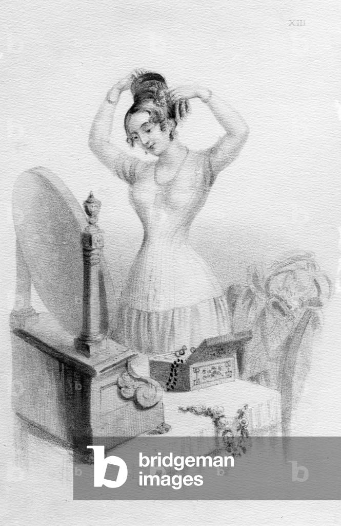The benefits of Mrs. Nicholas Geary's Corsets, from 'Female Beauty, as Preserved and Improved by Regimen, Cleanliness and Dress' by Mrs. A. Walker, 1837 (engraving)