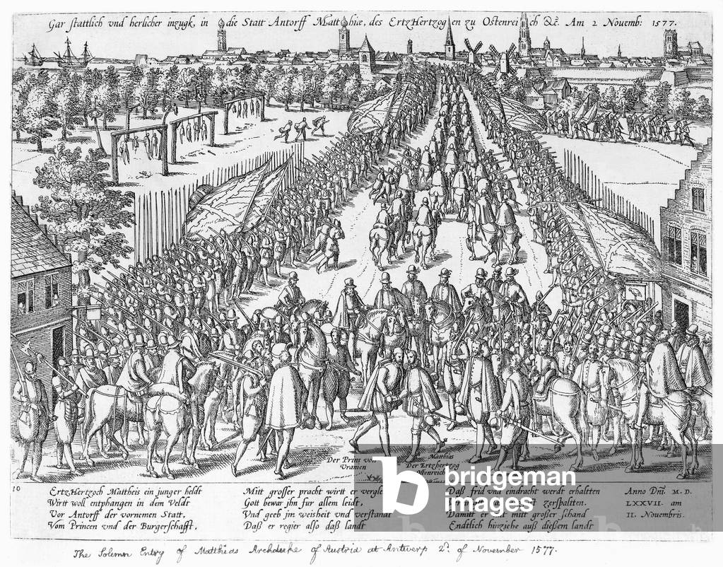 The Solemn entry of Matthias Archduke of Austria at Antwerp, 2nd November 1577 (engraving)