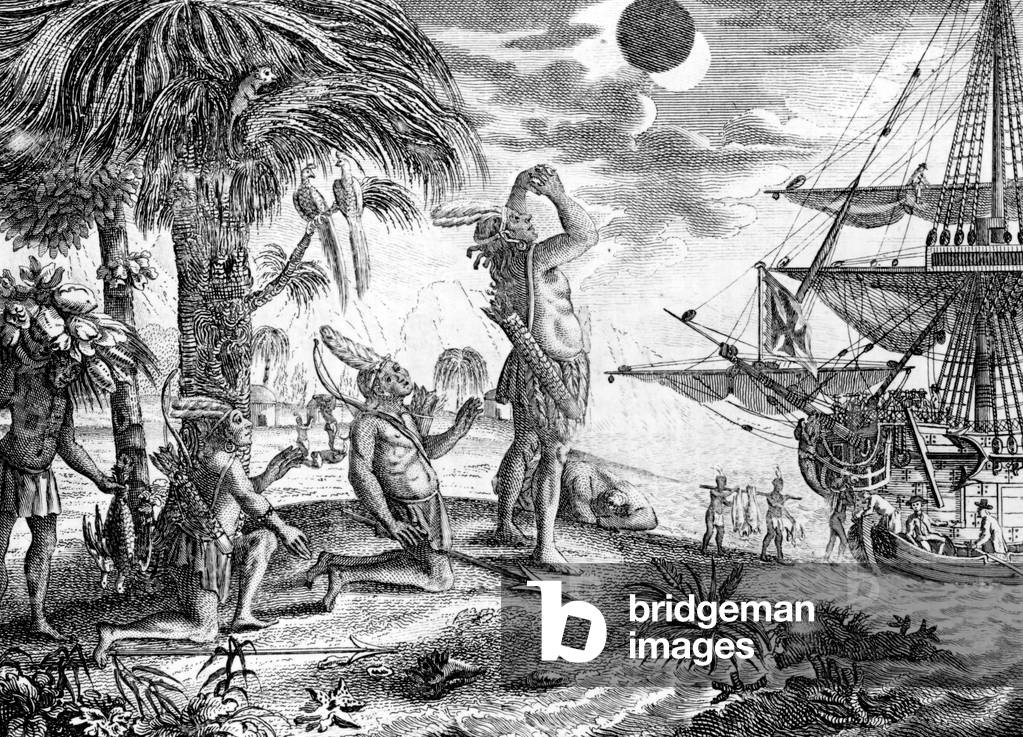 The Indians astonished at the eclipse of the moon foretold by Columbus, 1770 (engraving)