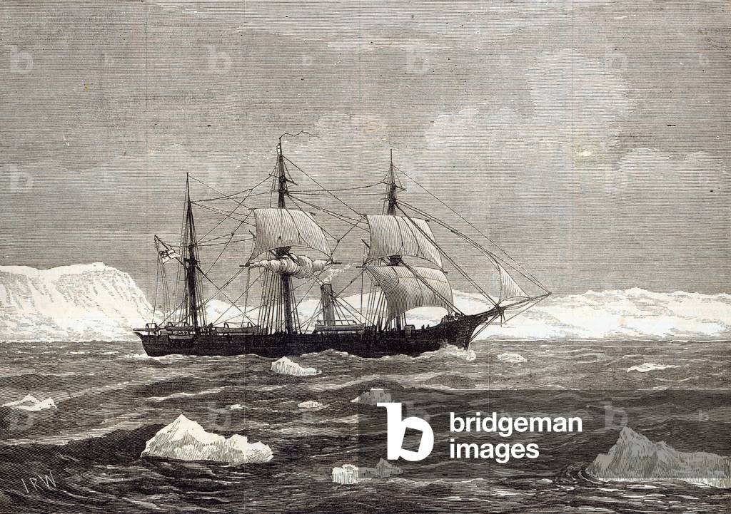 The North Pole Expedition: The Alert hoisting colours in honour of having attained the highest latitude of any ship on record, from 'The Illustrated London News', 1876 (engraving)