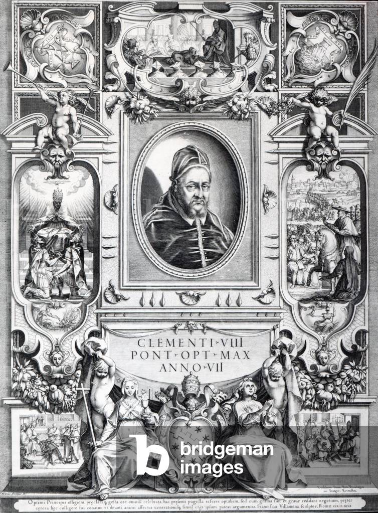 Papst Clement VIII, umgeben von Szenen aus seinem Leben (Gravur)