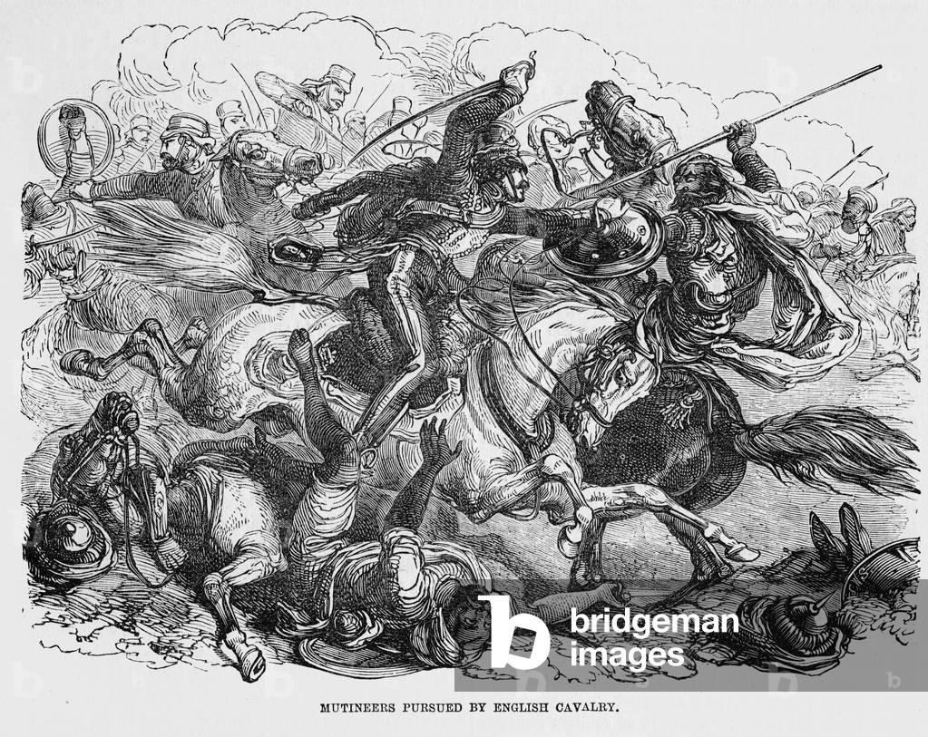Mutineers pursued by English cavalry, 1857 (engraving)