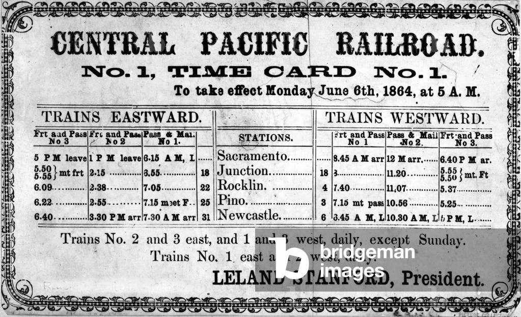 Photographic print of the Central Pacific Railroad Company's original timetable for 6th June 1864, 1864 (lithograph)