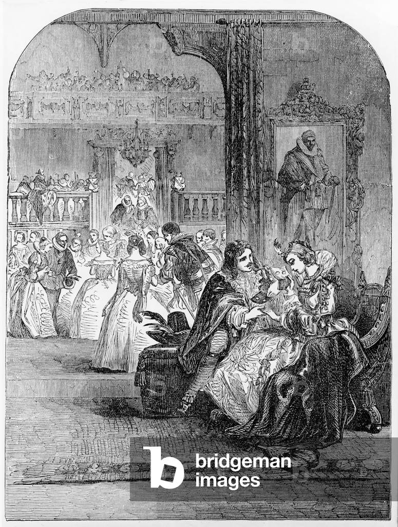 "Erstes Gespräch von Prinz Charles (1600-49) mit Prinzessin Henrietta (1609-69) in Paris (Stich)", 19. Jahrhun
