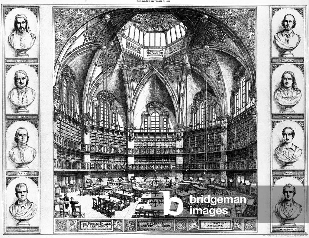 The Library and Reading Room at The People's Palace for East London, c.1880s (engraving)