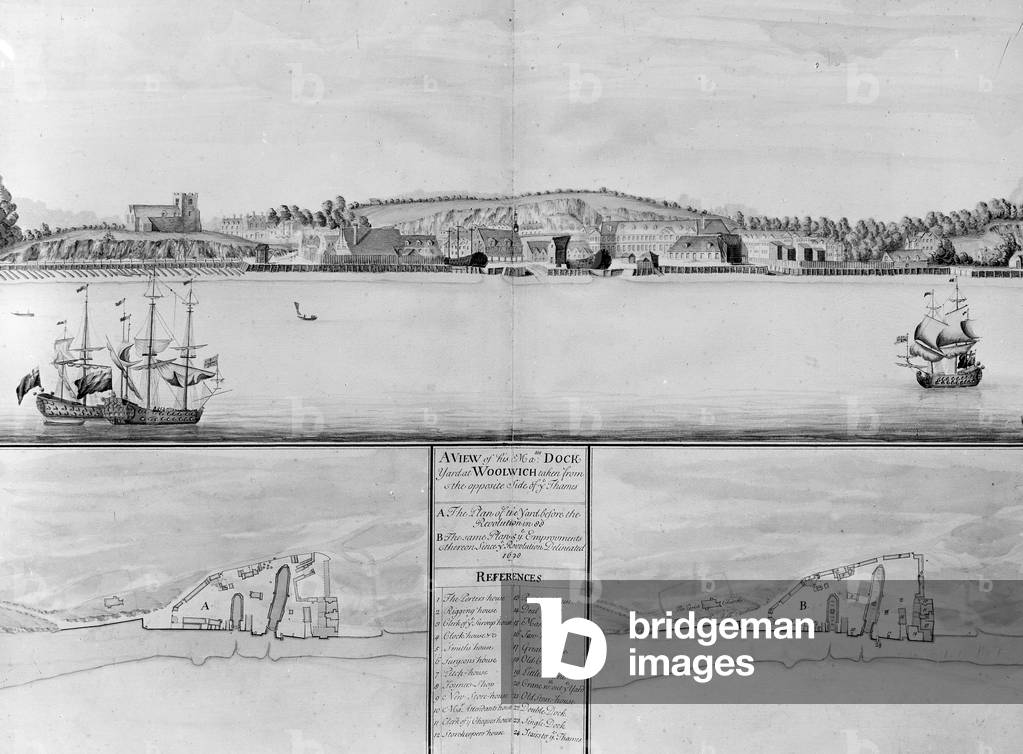 A View of His Majesty's Dockyard at Woolwich taken from the opposite Side of the Thames, 1698 (engraving)