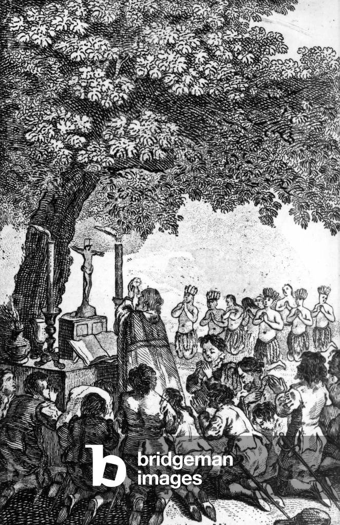 DeCabral discovering Brazil, lands & causes Mass to be sung under a tree (engraving)