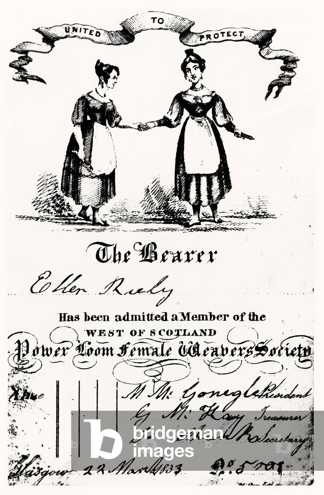 Certificate of entry to the 'Female Weavers Society' (engraving)