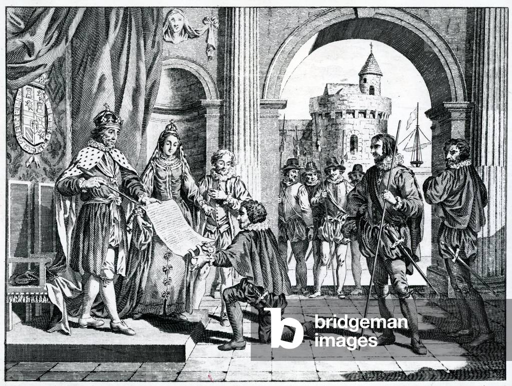 Christopher Columbus (1451-1506) presenting an account of his discovery of America to the King and Queen of Spain (engraving)