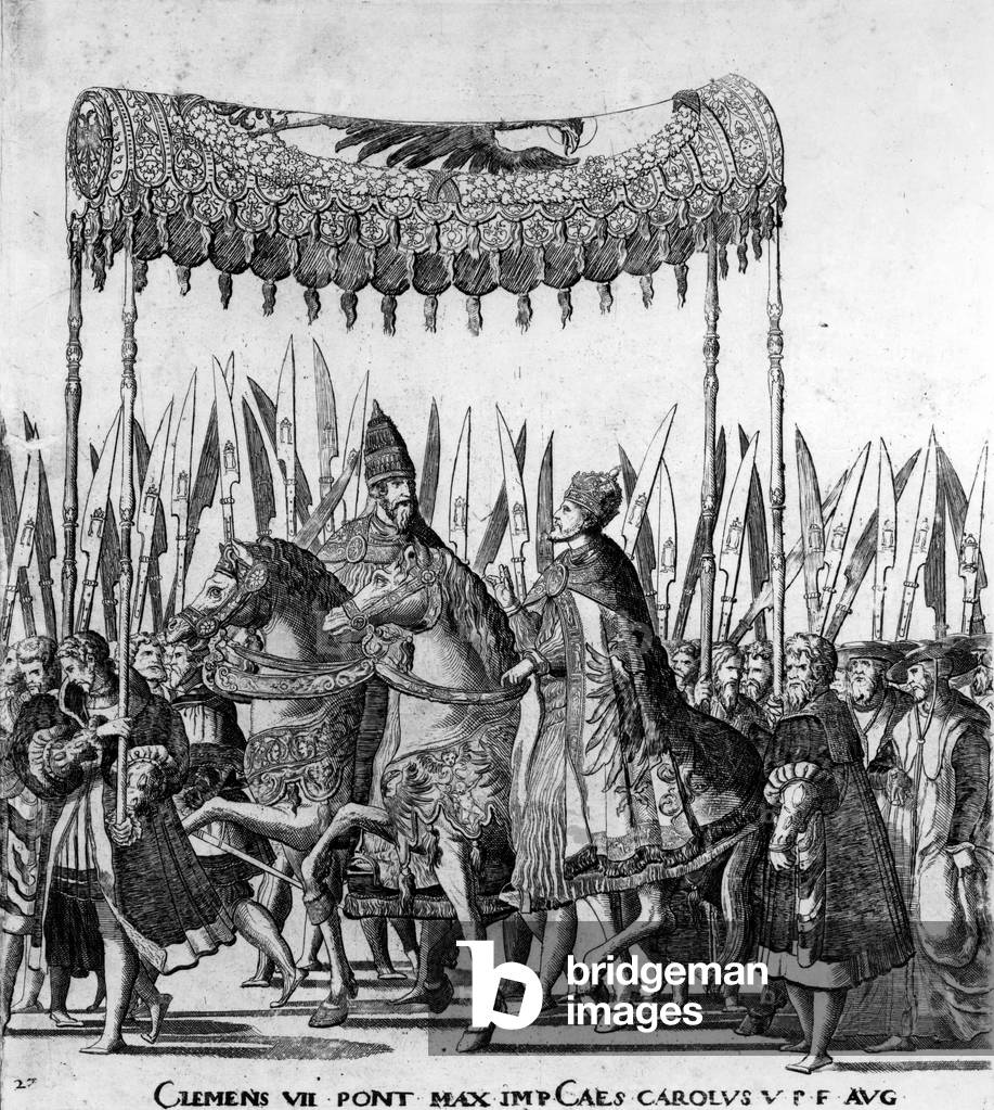 The Entry of Pope Clement VII and Emperor Charles V into Bologna on 24 February 1530, plate 27, c.1530 (engraving) (detail of 472273)