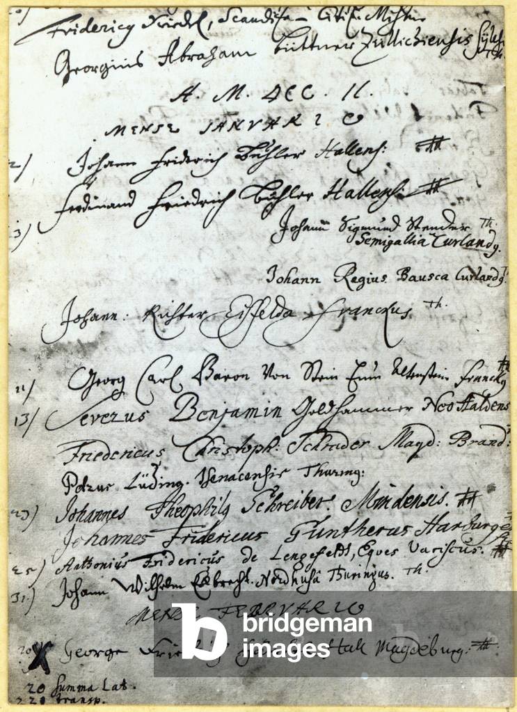 Entry in the Halle University records, showing Handel's name, 1702 (pen & ink on paper) (b/w photo)