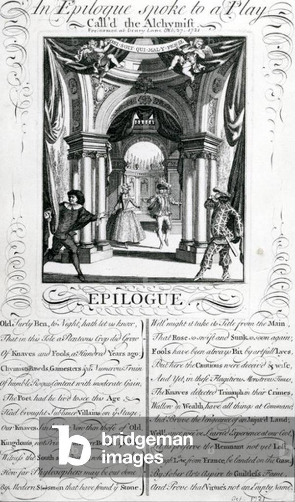 Epilogue to the play 'The Alchemist', 1721 (engraving)