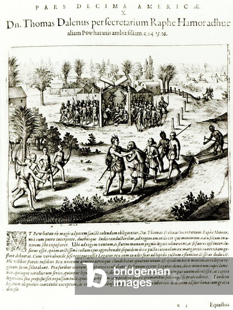 Ralph Hamor visits Powhatan, 1619 (engraving)