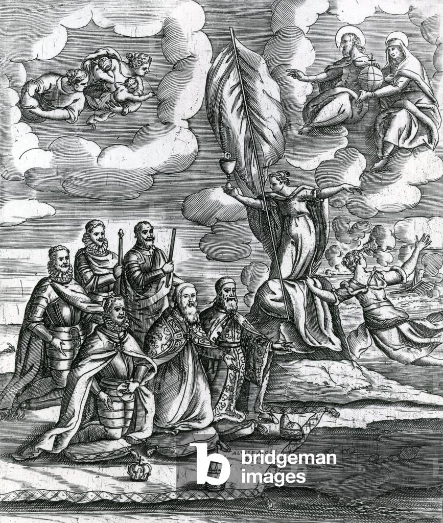 Allegory of a League of Pope Pius V (1504-72) with Catholic princes, c.1570-71 (engraving)