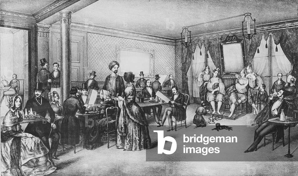 Women of Algiers in a Paris cafe, c.1860 (engraving) 