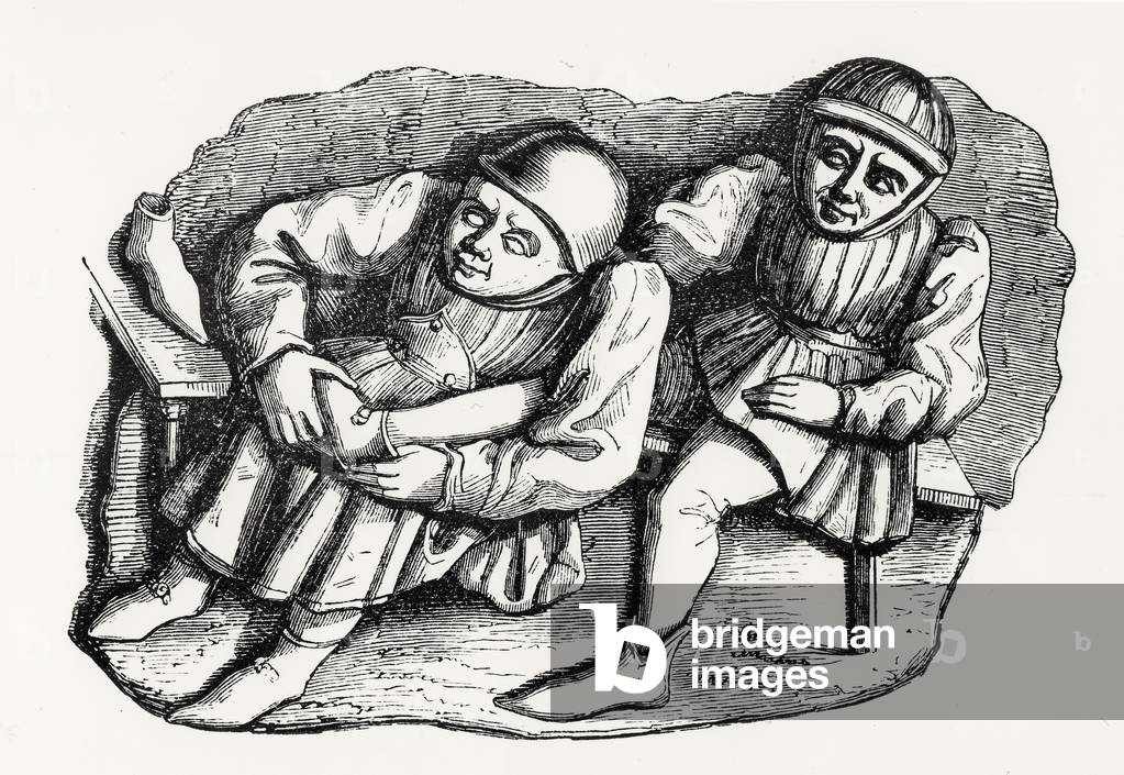 The Shoemaker and his Customer, copied from one of the Misericordia Stalls in the Choir of Rouen Cathedral, illustration from 'Science and Literature in the Middle Ages and the Renaissance', written and engraved by Paul Lacroix, 1878 (engraving)