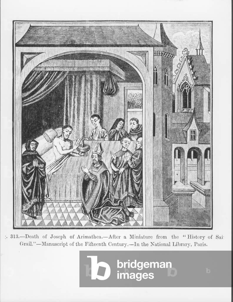 Death of Joseph of Arimathea, from the History of Saint Graal, illustration from 'Science and Literature in the Middle Ages and the Renaissance', written and engraved by Paul Lacroix, 1878 (engraving)