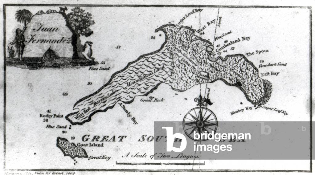 A Map of the Island of Juan Fernandez, printed in 'Providence Displayed: or The Remarkable Adventures of Alexander Selkirk of Largo, Scotland' by Isaac James, published 1800 (engraving)