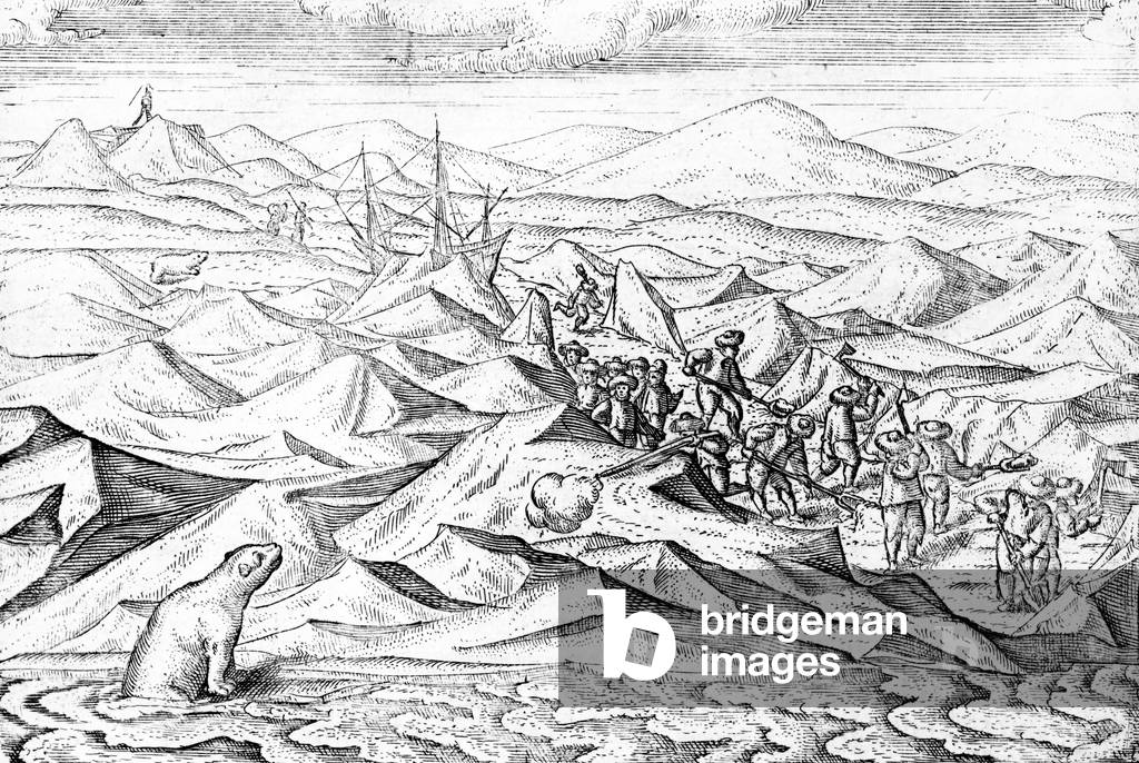 Clearing a path for an ice bound ship, illustration from 'The Three voyages of William Barents to the Arctic Regions', published c.1600 (engraving)