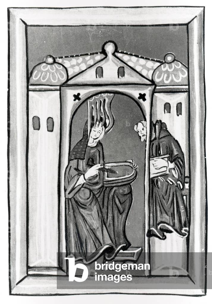 Hildegard of Bingen receiving the Light from Heaven, c.1151 (vellum) (b/w photo)