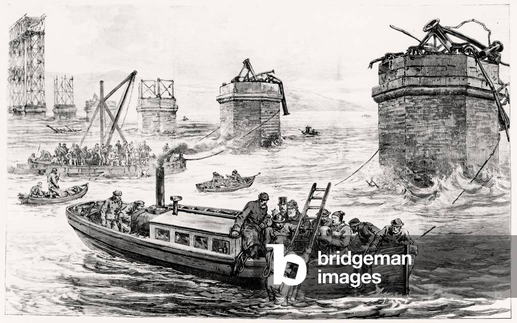 Tay Bridge disaster: diving operations in search of the wreck of the railway tain, 1879 (engraving)