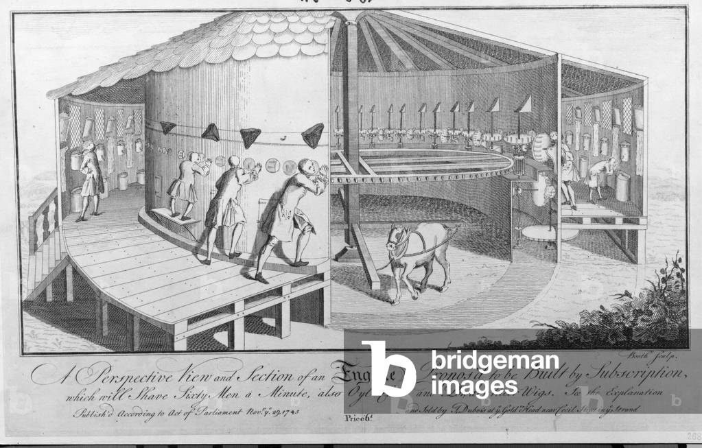 A Perspective View and Section of an Engine Propos'd  to be Built by Subscription which will shave Sixty Men a Minute, also Oyl comb and Powder their Wigs, published by J. Dubois, 1745 (etching)