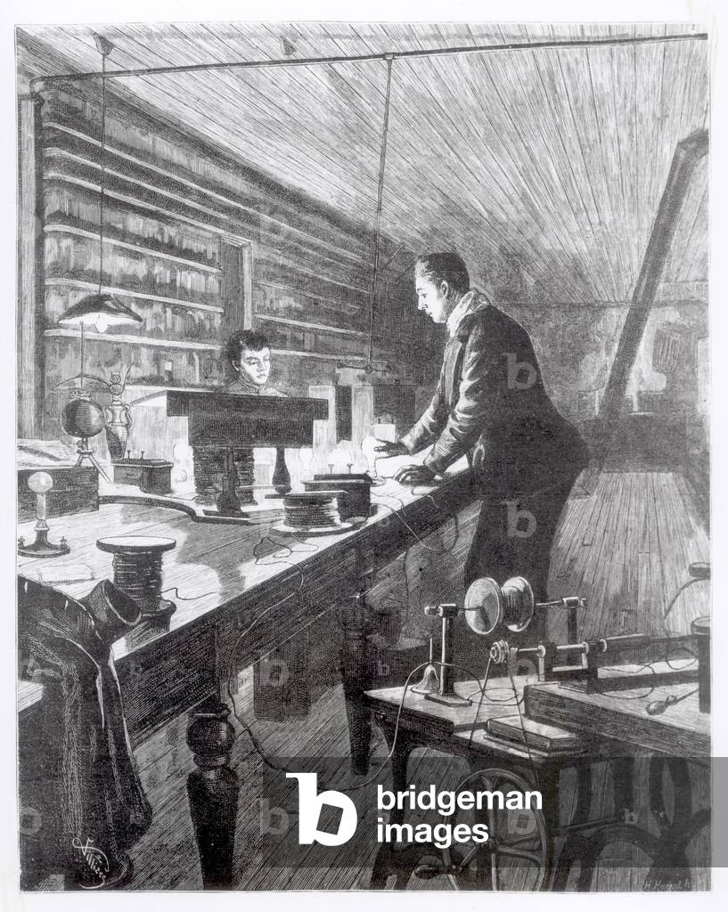 The Electric Light, Mr Edison (1847-1931) in his Laboratory (engraving)