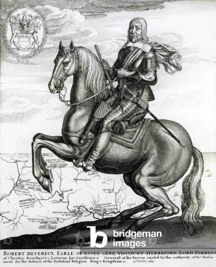 Portrait of Robert Devereux on horseback (engraving)