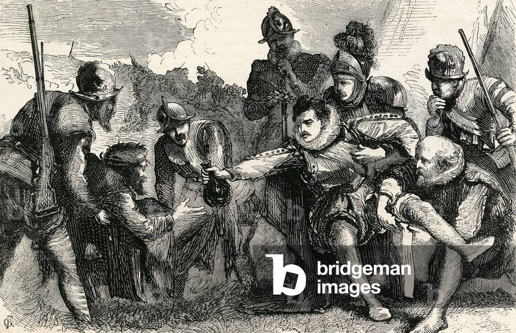Death of Sir Philip Sidney at the Battle of Zutphen, 1865 (engraving)