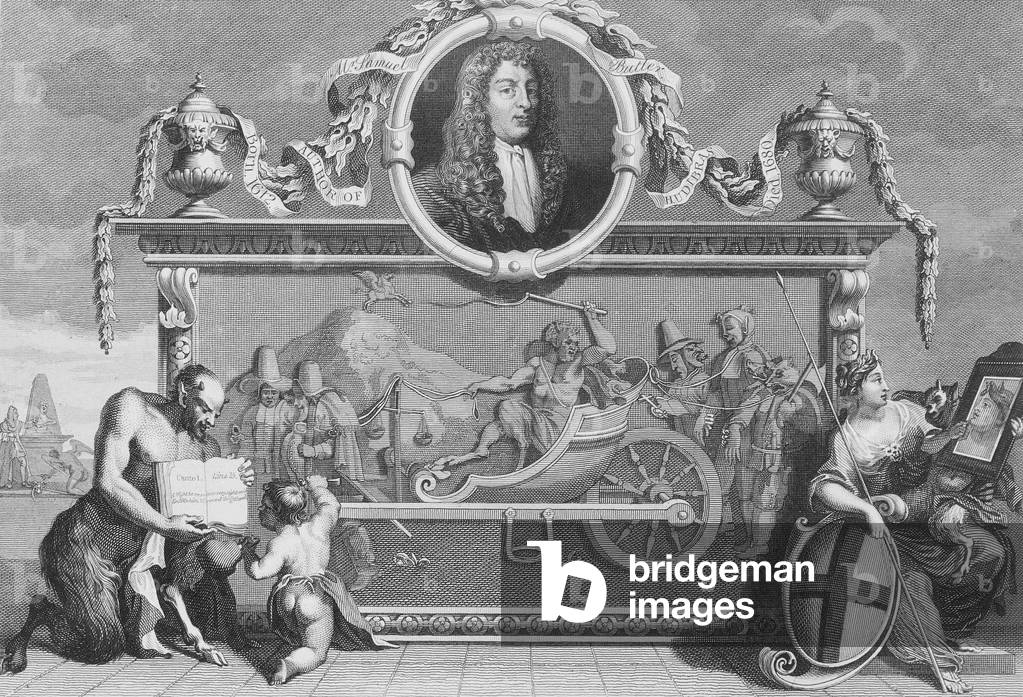 "Frontespizio per' Hudibras' compreso un ritratto di Samuel Butler" 1725 di William Hogarth, b/w