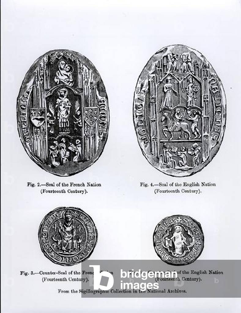 14th century Seals of the French and English Nations, illustration from 'Science and Literature of the Middle Ages and the Renaissance', written and engraved by Paul Lacroix, 1878 (engraving)